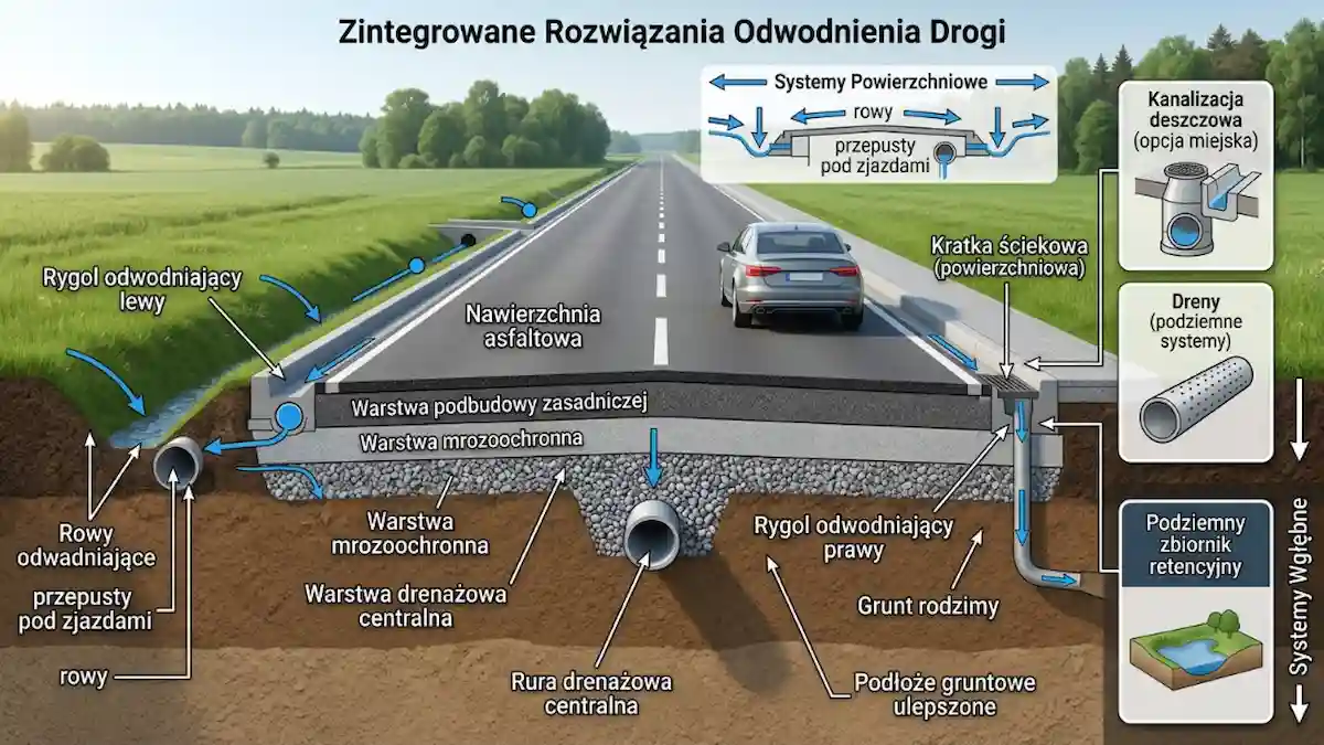 Schemat budowy odwodnienia drogi: rowy odwadniające, podbudowa jezdni i podziemna rura drenażowa